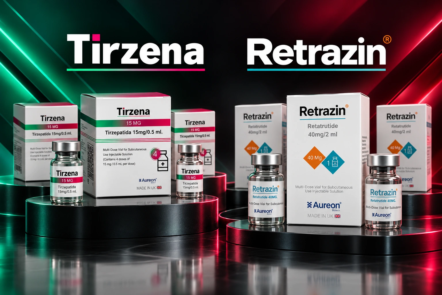 Composição de embalagens e frascos Tirzena e Retrazin, com fundo preto, verde e vermelho